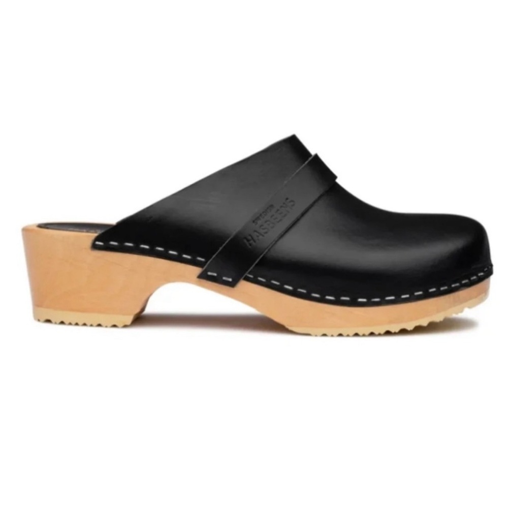 Swedish Hasbeens Husband Slip On Clogs Leather Wood Black EU 41